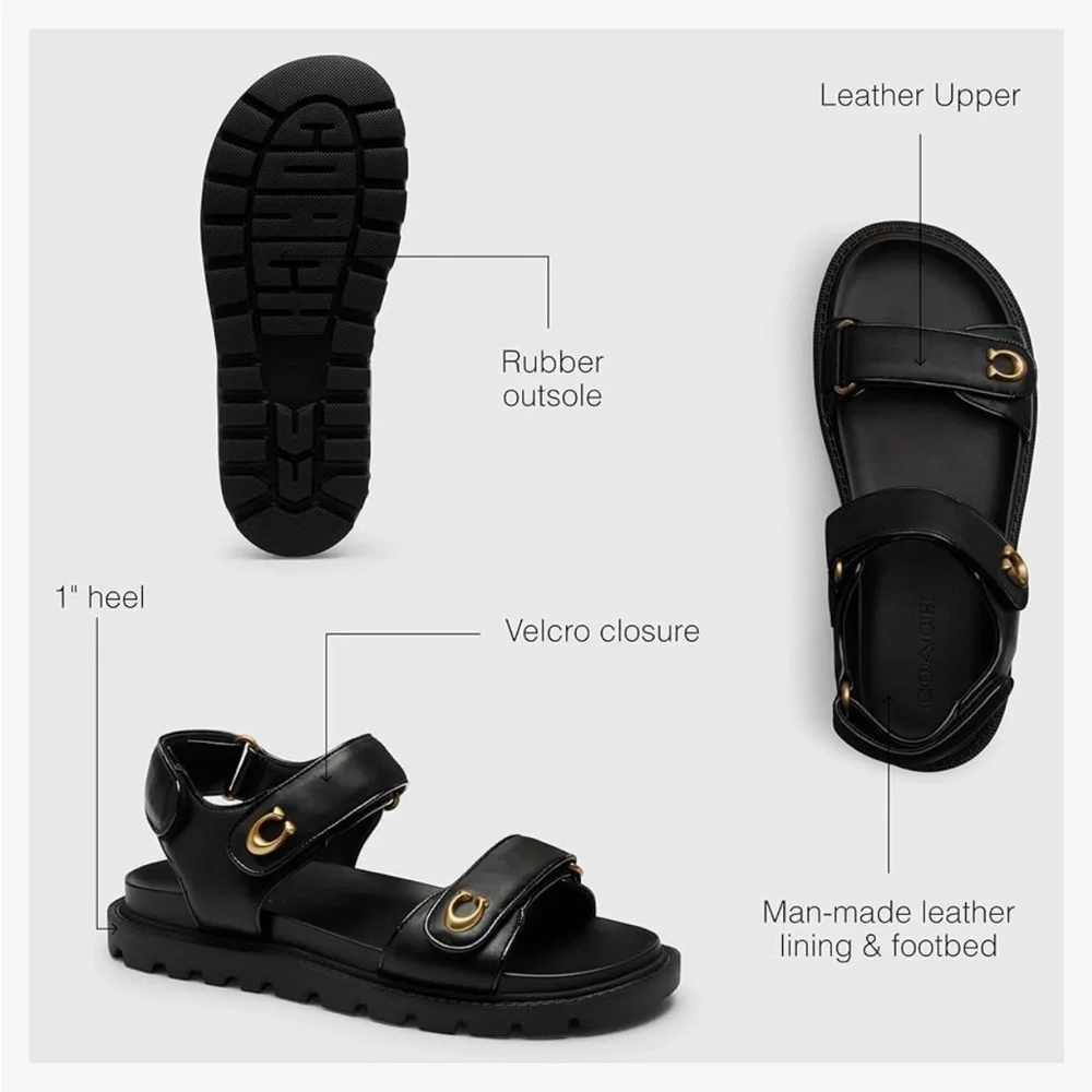 COACH Women's Brynn Sandal Black Gold-Accented Leather Sandals - Picture 2 of 4